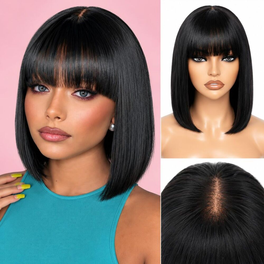 Adyutrlia Human Hair Bob Wig 10" Natural Black Bangs Glueless 2x4 HD Lace